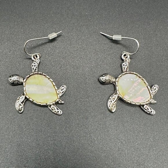 Sea Turtle Dangle Earrings Yellow Shell Inlay Fishhook Beach Ocean Nautical - Picture 3 of 6
